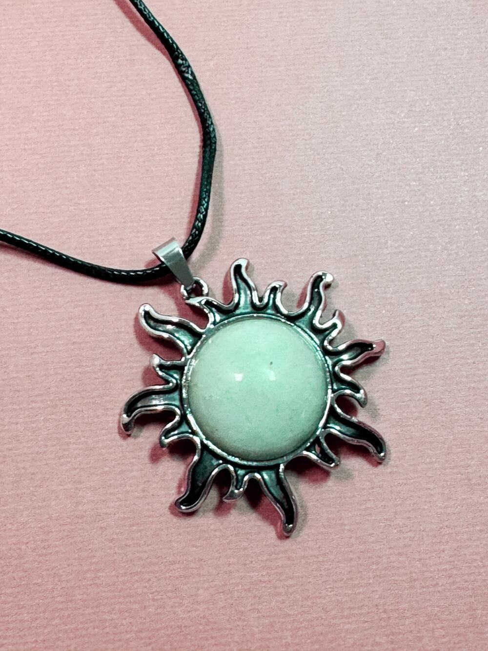 Pea Green Sun Pendant Necklace Celestial 2" Pendant 16-18" Cord N301